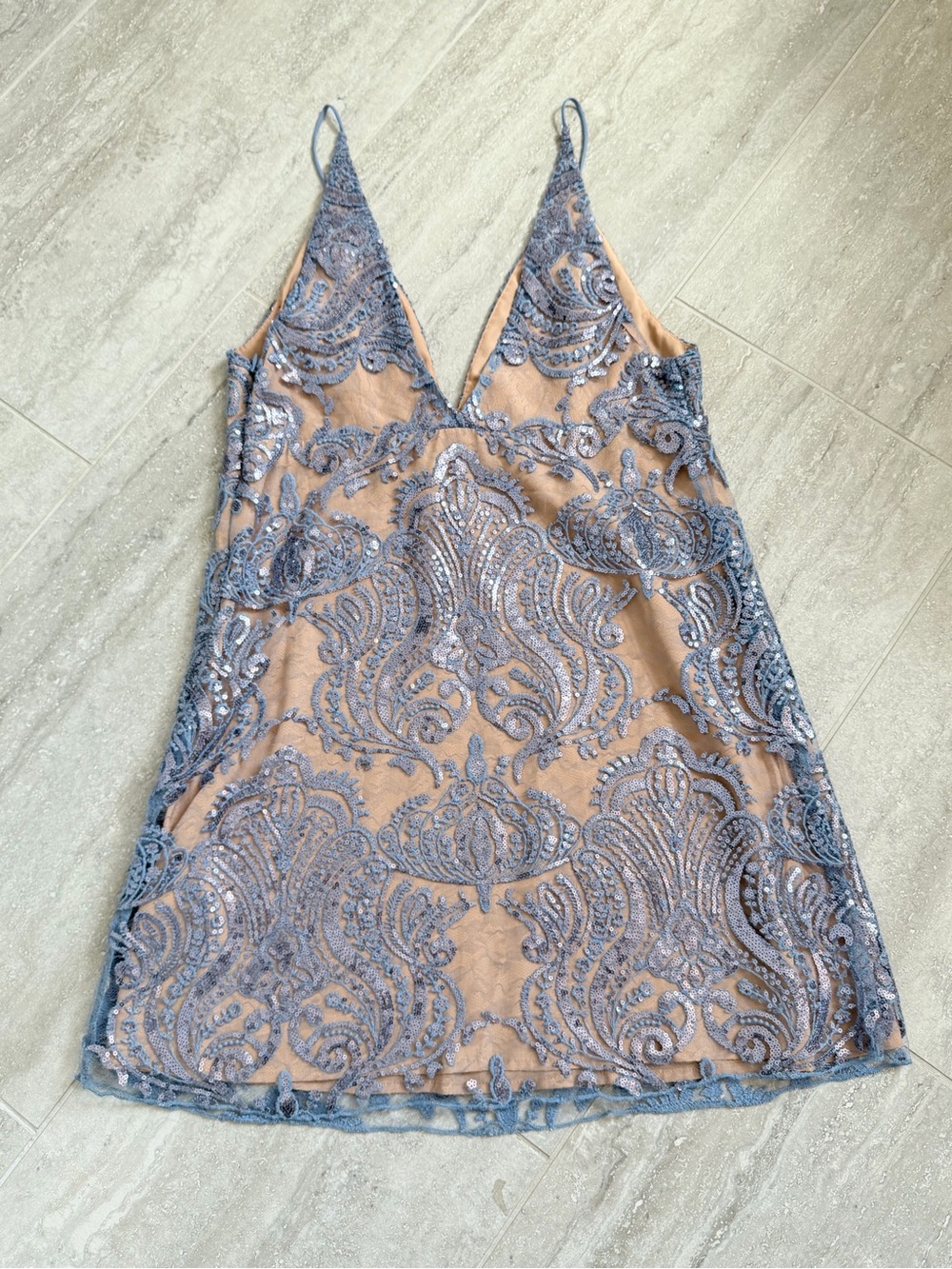 Free People Blue Sequin Lace Mesh Mini Slip Dress Nude Lined Women’s US 8 - Picture 6 of 12